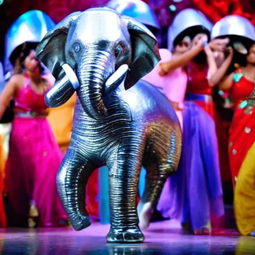 Prompt: bollywood movie, an elephant wearing a silver latex suit and an iridescent metal helmet surrounded by women dancing in colorful flowing intricate dresses on a tropical alien planet