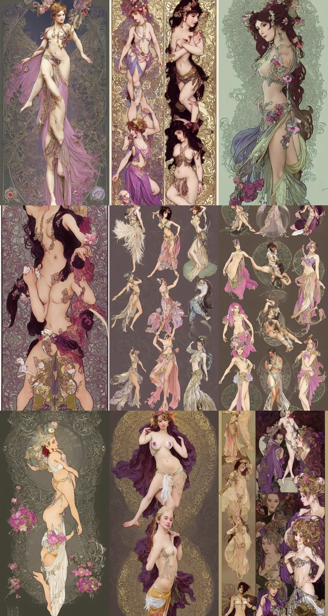 Prompt: Character concept and fashion spot illustrations from the Final Fantasy rococo belly dance mashup, full-body, bloom, dynamic poses, diaphanous cloth, intricate crystalline and feather jewelry, ornate, filigree, arcane, cinematic lighting, by Alphonse Mucha, by Artgerm, by Bouguereau, by Sakimichan, fantasy, portfolio illustration, highly detailed, trending on Artstation, CGsociety, HQ, 8k, 35mm lens, f2.8, Bokeh,