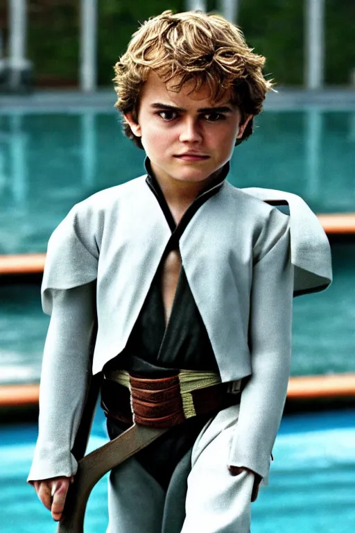 Image similar to close up still shot of young anakin skywalker standing on the diving board, 3 5 mm, highly detailed, attack of the clones, dynamic lighting