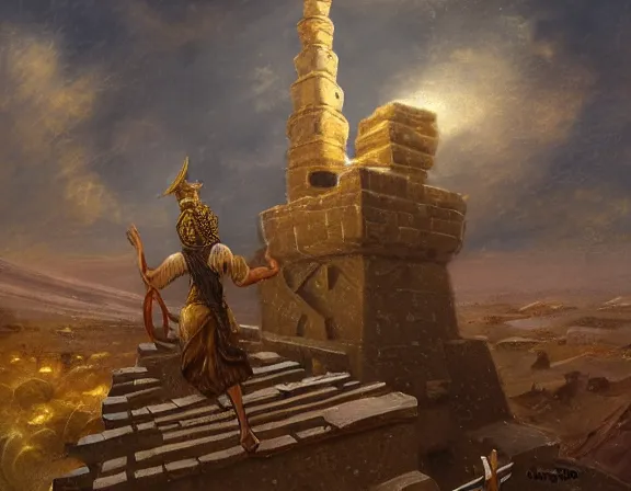 Prompt: cuneiform speaker with outstretched arms on a spire, beautiful arabian nights style tower. golden feathers fly from his oustretched hands. birdseye drone perspective. detailed digital illustration for mtg. dnd fantasy epic illustration by john constable, inspired by jesper ejsing, irakli nadar. traditional oil on canvas, private collection