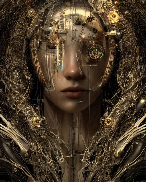 Image similar to timeless cybernetic deity with circuitry skin and networked mind tripping on acid, intricate detail, royo, whealan, giger, klimt, hd, octane render, unreal engine,