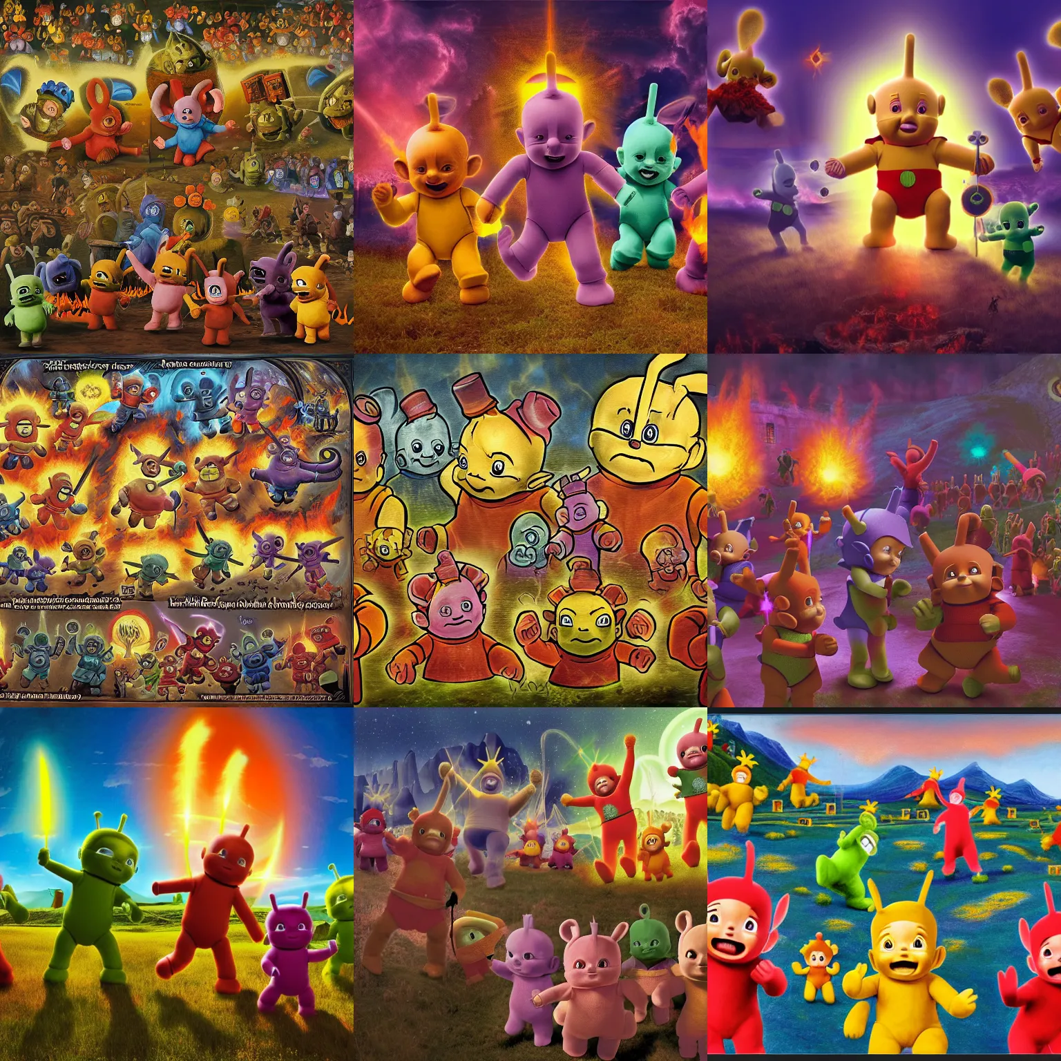 Prompt: The teletubbies fighting against the Doomslayer in hell, medieval mural, 4k