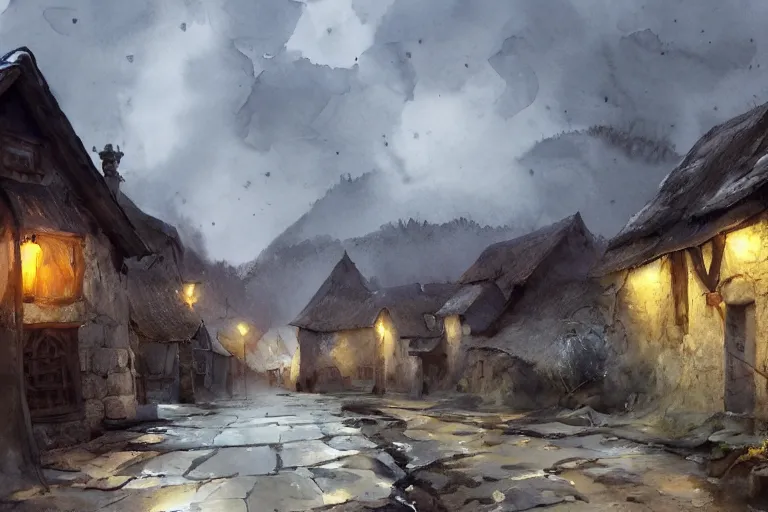 Prompt: abstract watercolor painting of village street, bailey ring wall in stone, medieval straw roof, scandinavian viking age, ambient lighting, art by hans dahl, by jesper ejsing, art by anders zorn, wonderful masterpiece by greg rutkowski, cinematic light, american romanticism by greg manchess, creation by tyler edlin