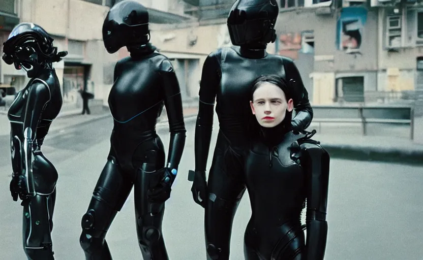 Image similar to cinestill 5 0 d photographic portrait by helen levitt of affection between two loving female cyborgs wearing black techwear in a retrofuturist garden, extreme closeup, modern cyberpunk, moody, 8 k, hd, high resolution, 3 5 mm, f / 3 2, ultra realistic faces, intricate detail, ex machina