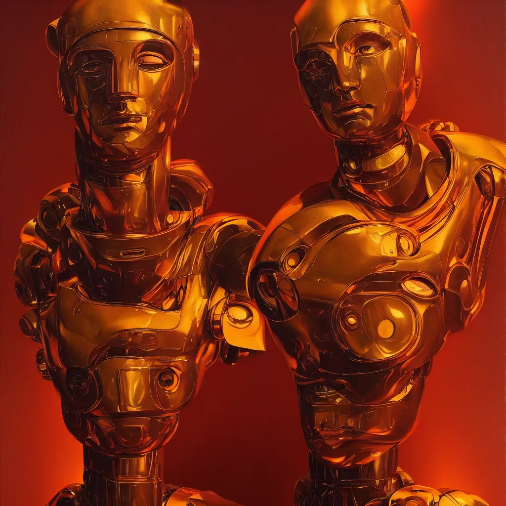 Image similar to cinematic bust portrait of psychedelic god robot from left, head and chest only, robotic improvements, part of Moebius, part of maxfield parrish, part of Thomas Ehretsmann,, oil on canvas, masterpiece, trending on artstation, cinematic composition, dramatic pose, beautiful lighting, sharp, details, hyper-detailed, volumetric lighting 4K