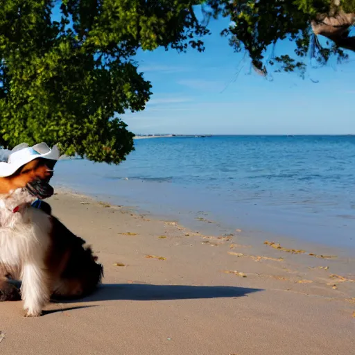 Image similar to Dog with white hat on the beach having a picknick