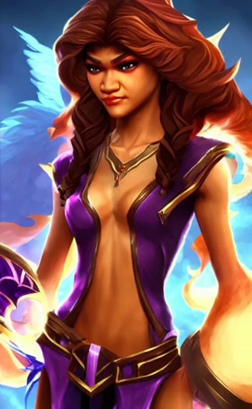 Image similar to Zendaya as a character in the game League of Legends, with a background based on the game League of Legends, detailed face, old 3d graphics