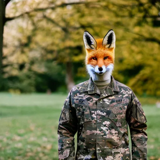 Image similar to a Fox dressed in a modern American general uniform, 85mm f/1.4