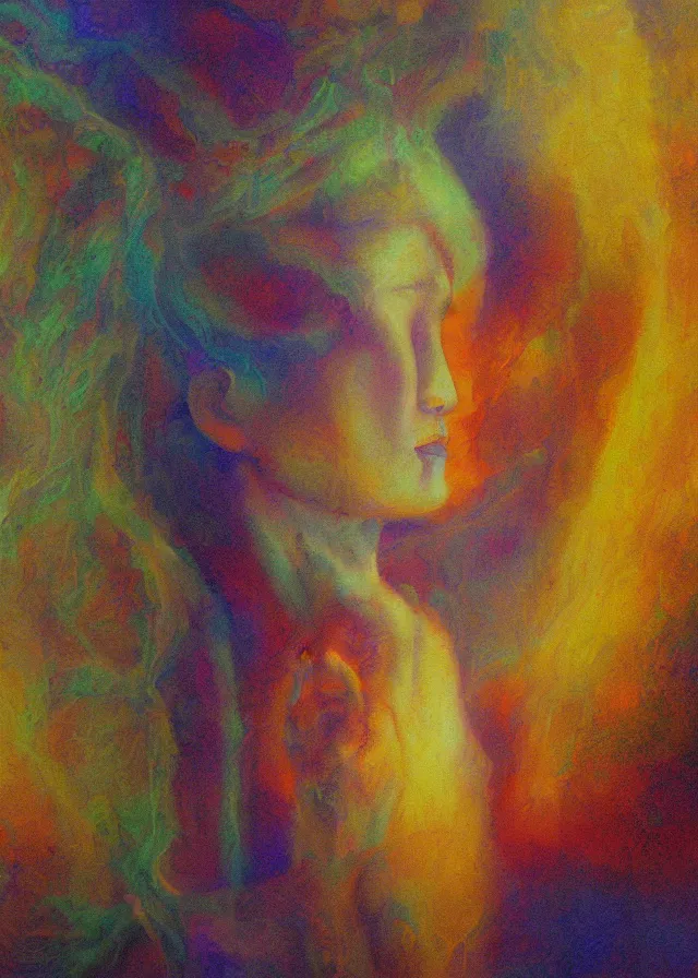 Image similar to serene deva of the golden blood mythos beloved (dreamy) gnostic fog, award winning oil painting, chromatic aberration sharp colors