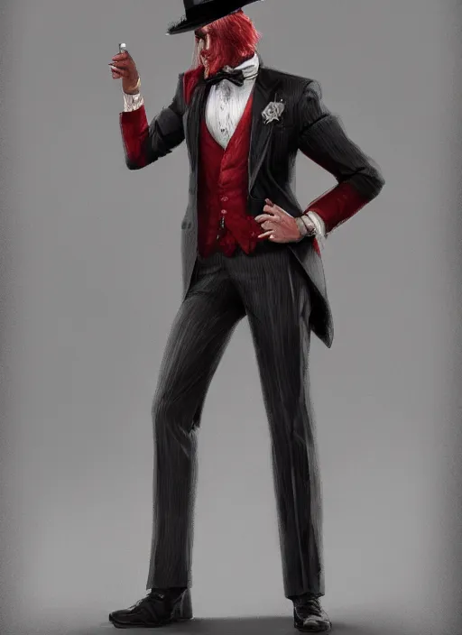 Image similar to a highly detailed illustration of stylish top hat wearing red haired attractive man, wearing suit vest, leaning back pose, intricate, elegant, highly detailed, centered, digital painting, artstation, concept art, smooth, sharp focus, league of legends concept art, WLOP