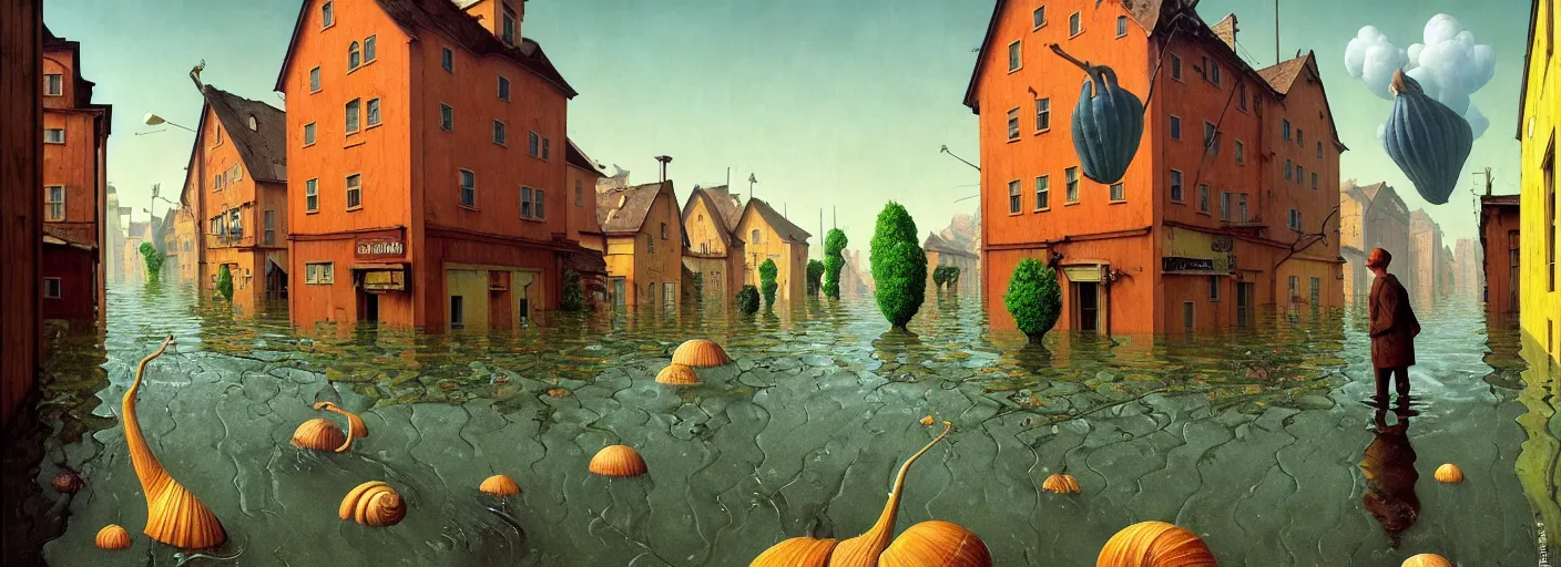 Prompt: flooded! old wooden! empty cursed snail city street, very coherent and colorful high contrast masterpiece by gediminas pranckevicius rene magritte norman rockwell franz sedlacek, full - length view, dark shadows, sunny day, hard lighting, reference sheet white background