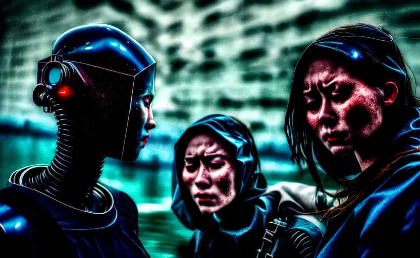 Image similar to cinestill 5 0 d candid photographic portrait by steve mccurry of two loving female androids sobbing wearing rugged black mesh techwear in treacherous waters, flooded city, medium closeup, retrofuturism cyberpunk moody emotional cinematic, pouring iridescent rain bright spotlight helicopter, 8 k, hd, high resolution, 3 5 mm, f / 3 2, ultra realistic faces, ex machina