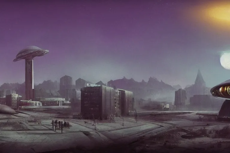 Image similar to a beautiful matte painting of a alien spaceship over the soviet communist blocks simon stalenhag and alan bean, trending on artstation, realistic rendering