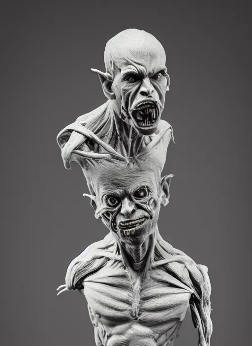 Prompt: a bust sculpture of anatomical detailed goblin, nicolas maduro, green blood, become human, ceramic base, orthographic, studio lighting