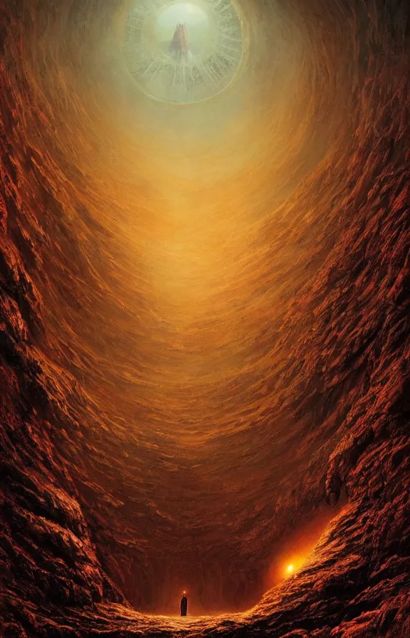 Image similar to ancient singular portal into godhood flickers omniously on a barren hellish exoplanet, philosophical concept illustrated by James Gurney and Zdislaw Beksinski and Dariusz Zawadski and Greg Rutkowski and Jeffrey Smith, dramatic lighting, ultra HD, HDR, 8k