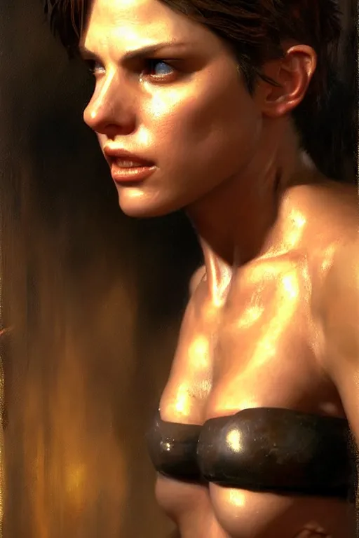 Prompt: muscular sweat, jill valentine as cop, face close up, highly detailed painting by gaston bussiere, craig mullins, j. c. leyendecker 8 k