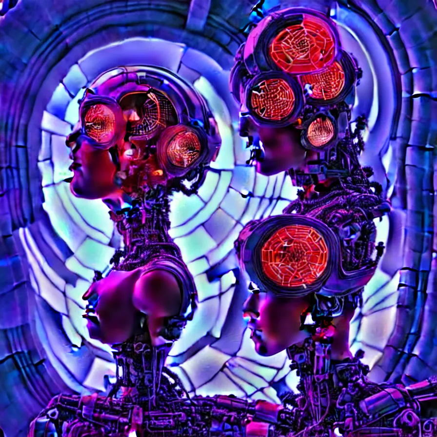 Image similar to symmetrical Beautiful 3d render portrait of one cybernetic flower queen in a sensual pose, in the style of Dan Mumford, with a lit futuristic cyberpunk city in the background.