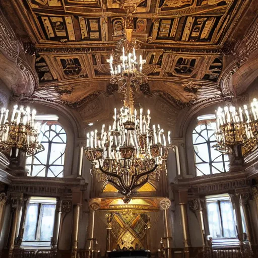 Prompt: ornate dining hall, secret society, illuminati, chandelier, massive, beautiful, ominous