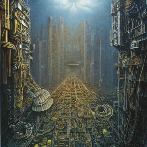 Image similar to cyberpunk by jacek yerka, alex gray, zdzisław beksiński, vladimir kush, dariusz zawadzki, jeffrey smith and h.r. giger, oil on canvas, 8k highly professionally detailed, trending on artstation