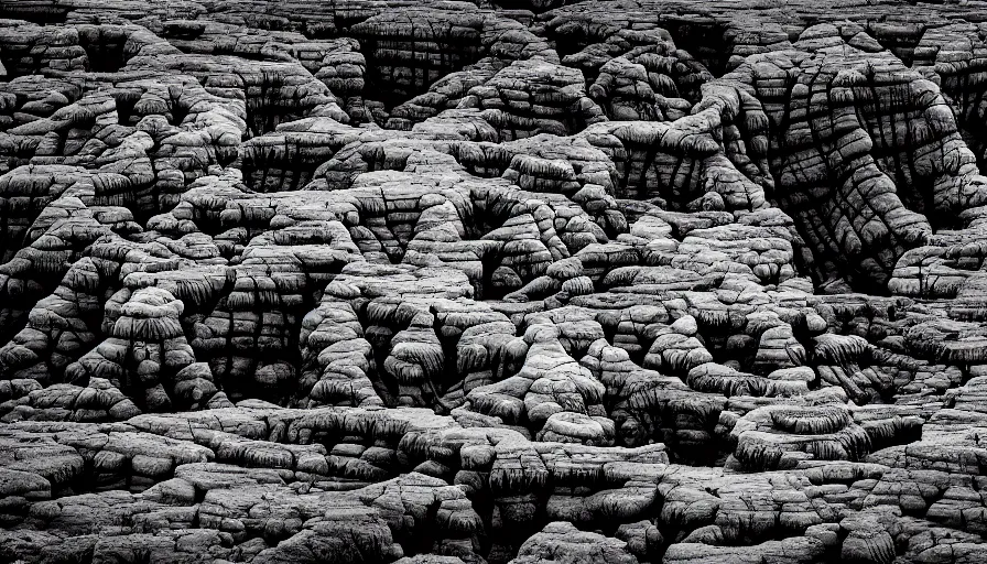 Image similar to petrified forest national park arizona in the style of bernie wrightson geode aesthetic abstract horror black and white