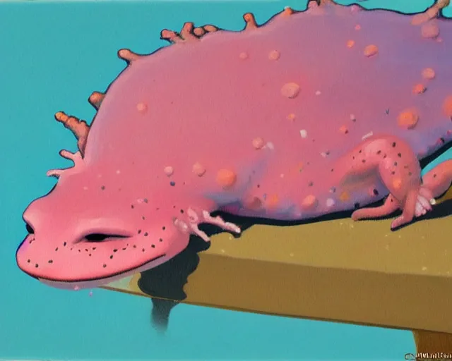 Image similar to a guy billout painting of an axolotl