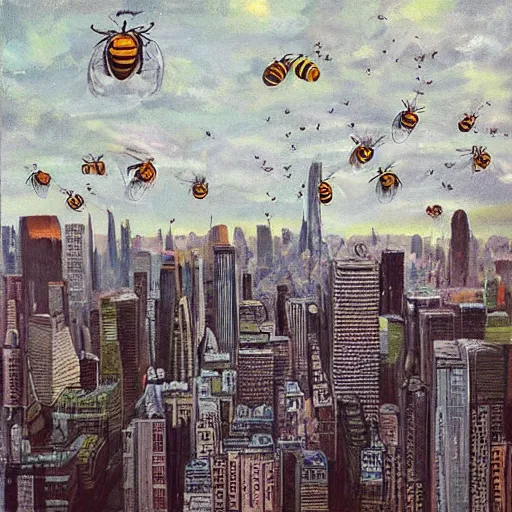 Image similar to “big bees over a city oil panting”