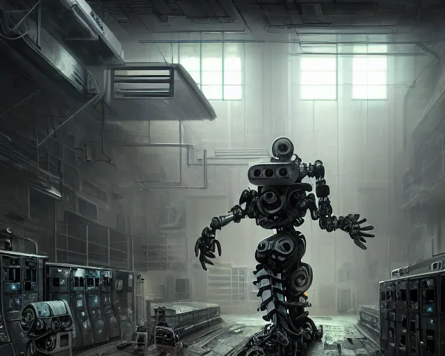 Prompt: robo in gloomy ruined server room in datacenter robot painting concept art of automata rusty steel robot knight colossus welder pacing mono eyed, sharp focus, emitting diodes, smoke, artillery, sparks, racks, motherboard, by pascal blanche rutkowski repin artstation hyperrealism detailed character design matte painting, 4 k resolution blade runner