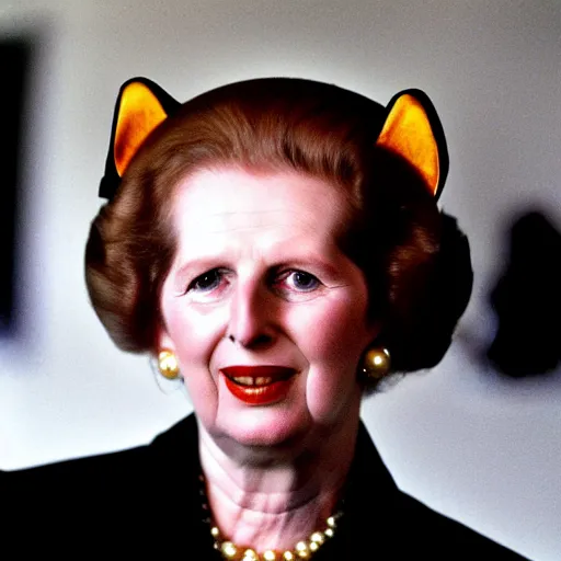 Image similar to Margaret Thatcher wearing cat ears, colour photography