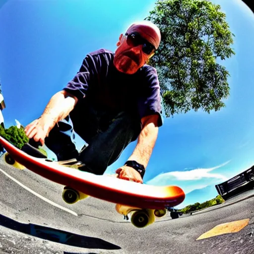 Image similar to walter white skateboarding, fisheye lens, sunny day