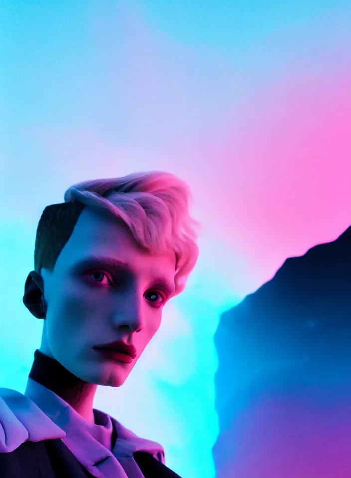 Image similar to high quality pastel coloured film wide angle close up selfie photograph of an androgynous cyber model standing in an icelandic black rock environment. three point light. photographic. art directed. pastel colours. volumetric light. stark. waves glitch. 8 k. filmic.