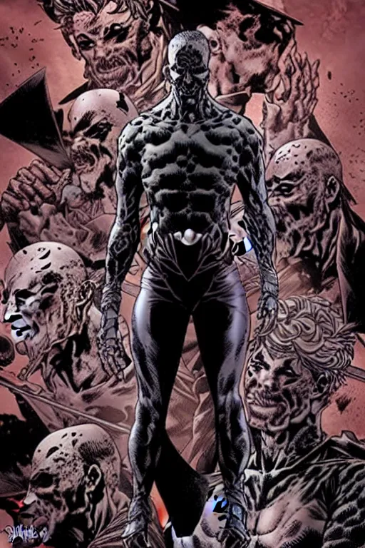 Prompt: A full body portrait of a new antihero character art by Marc Silvestri and Cedric Peyravernay, ominous, mysterious,