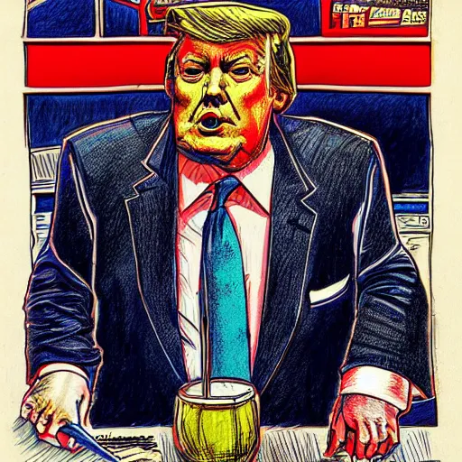 Image similar to !dream The Artwork of R. Crumb and his Cheap Suit Donald Trump and Jared Kushner, pencil and colored marker artwork, trailer-trash lifestyle