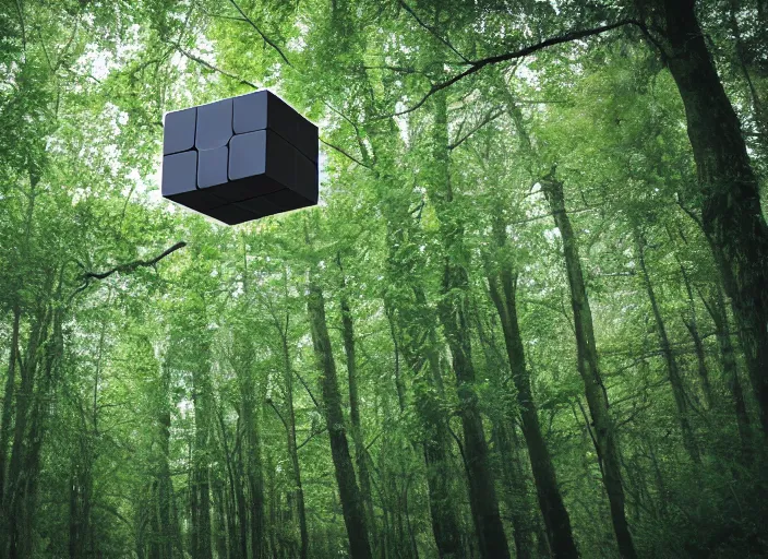 Prompt: black hypercube floating in a forest