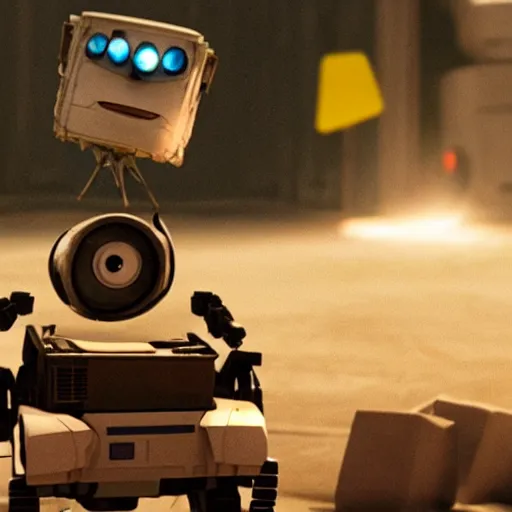 Image similar to wall - e putting mark zuckerberg in his trash compactor. cinematic 8 k, depth of field, bokeh.