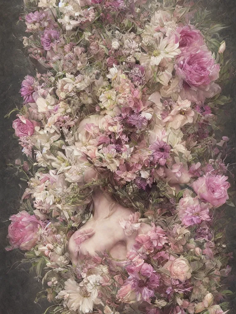 Prompt: a chaotic whirlwind of flowers, intricate details, aesthetically pleasing natural and pastel colors, art by marco mazzoni, impressionism, detailed, dark, flowers