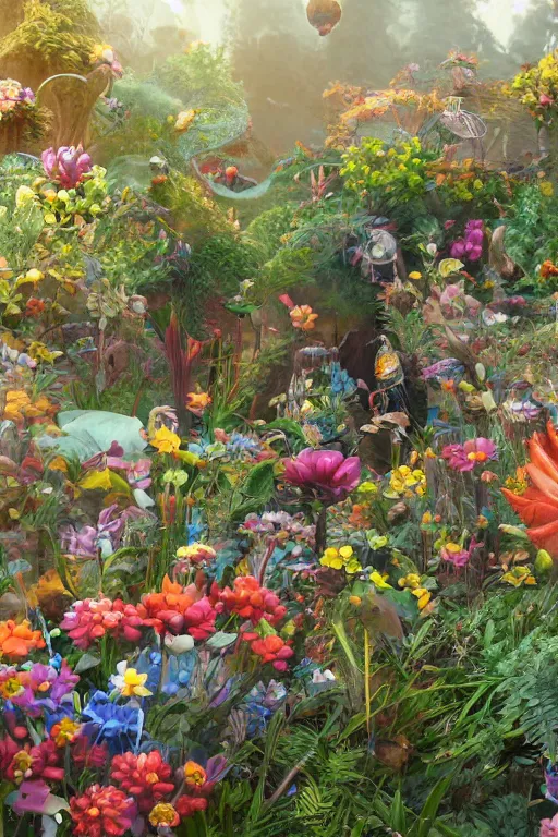 Prompt: super detailed color art, a lot of small garden flowers, A multiverse of insects and spiders, unreal engine, wes anderson color palette, 3d render, colorful, digital art