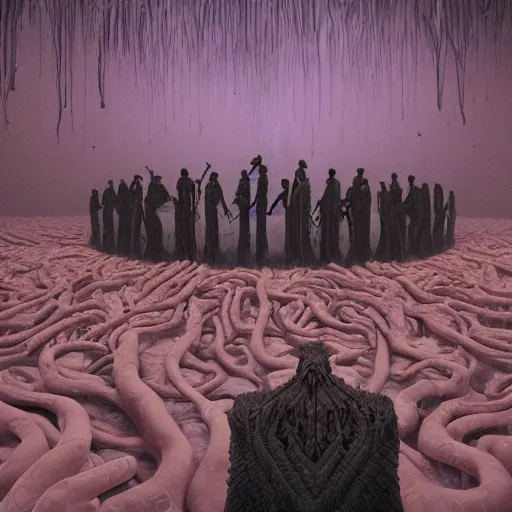 Image similar to lovecraftian group portrait of the psychosocial dark confrery cult, summoning terrible odds, highly detailled, layered networks of virtual data, by roger deakins, by beeple, by artgerm, by beksinski, by francis bacon, ultrarealism, 4 k, masterpiece