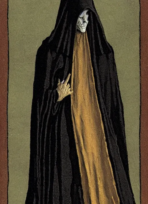 Image similar to fineart illustration of the necromancer, wearing a black cloak, crisp