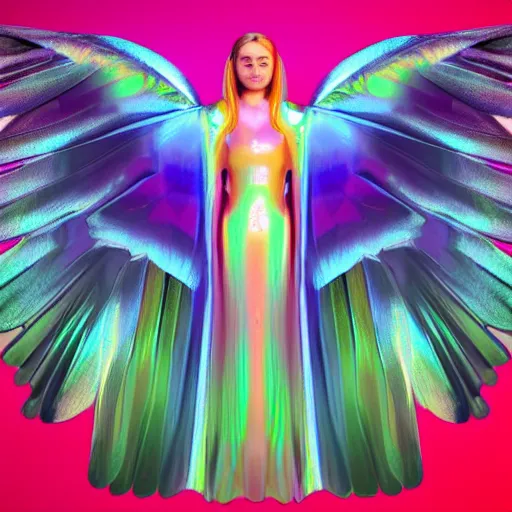 Prompt: very symmetrical 1 9 6 0 s celestial opalescent translucent green cheek conure angel made of mother of pearl gleams like the setting sun!, oil slick, translucent ray tracing extremely high quality rendered in blender, beautiful long straight hair