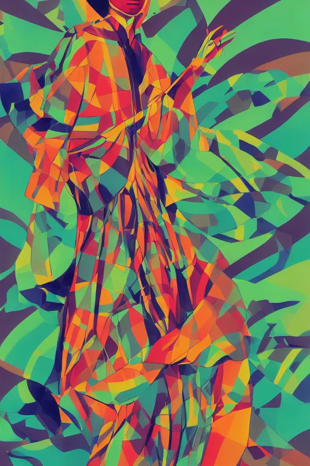 Image similar to naturalist portrait of a modern shaman, modern minimal isei miyake outfit, in the style of vogue, syd mead, triadic color scheme, bioluminiscent fabrics, concept art