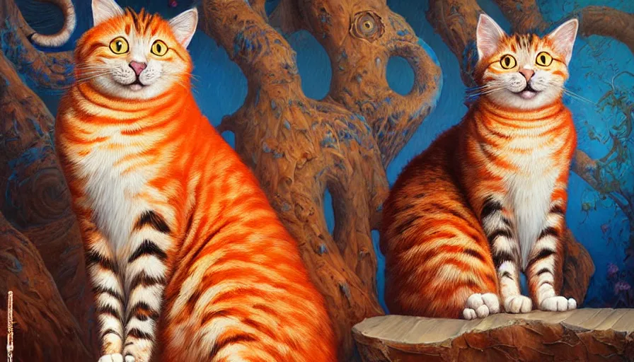 Image similar to highly detailed contemporary acrylic painting of really tall sitting cats by justin gerard, thick brush strokes and visible paint layers, vivid multicolor scheme