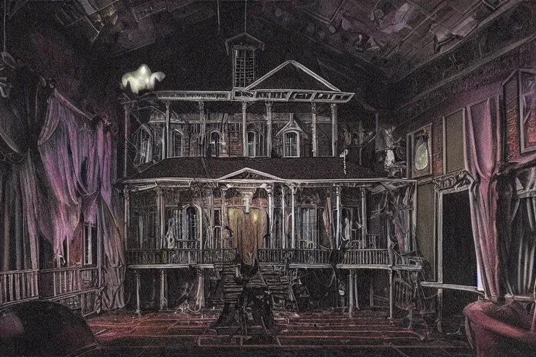 Image similar to full - color photo of the interior of a spooky haunted mansion at night. the interior architecture and layout are illogical, surreal, bizarre, complicated, and labyrinthine. there is a faintly - visible victorian ghost lurking.