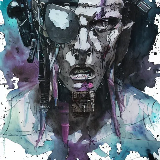 Image similar to a watercolor ink painting of a post - apocalyptic cyberpunk grimdark demon in the style of leonard boyarsky in the style of yoji shinkawa detailed realistic hd 8 k high resolution