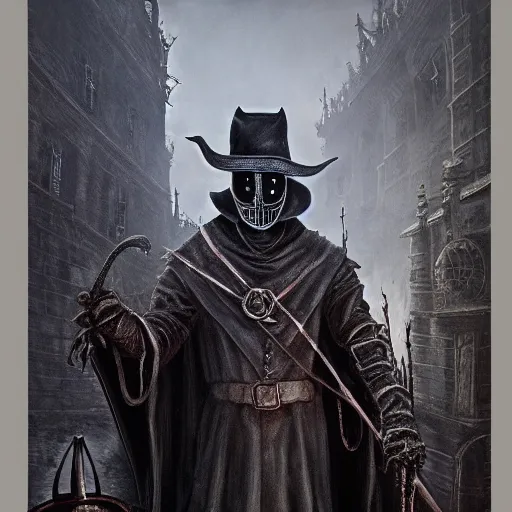 Image similar to Plague doctor, Bloodborne boss, matte painting, detailed, Bloodborne, oil on canvas