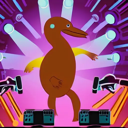 Image similar to A humanoid platypus performing a DJ set in a nightclub, underground magazine, indie culture, bright lights, crowded