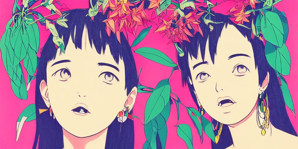 Image similar to risograph grainy painting of running man anime - like hero girl protagonist face, dull colors, with huge earrings, face covered with plants and flowers, by moebius and dirk dzimirsky and satisho kon, latex, close - up wide portrait, hyperrealistic