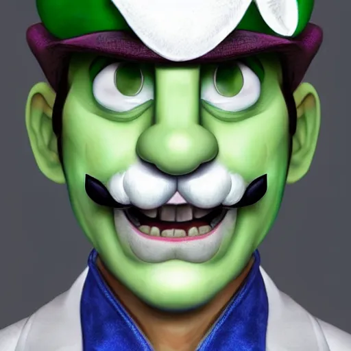 Image similar to Luigi in real life with joker makeup, realistic, very realistic, hyperrealistic, highly detailed, very detailed, extremely detailed, detailed, digital art, oil painting, trending on artstation, headshot and bodyshot, detailed face, very detailed face, extremely detailed face, HD Quality, 8k resolution