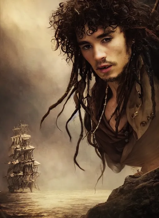 Prompt: a beautiful painting portrait movie poster of Robert Sheehan in Pirates of the Carribean 6, matte painting, fantasy art, dark but detailed digital art, highly detailed, a masterpiece trending on artstation. Robert Sheehan as a young but messy pirate and layabout in this HD preview poster