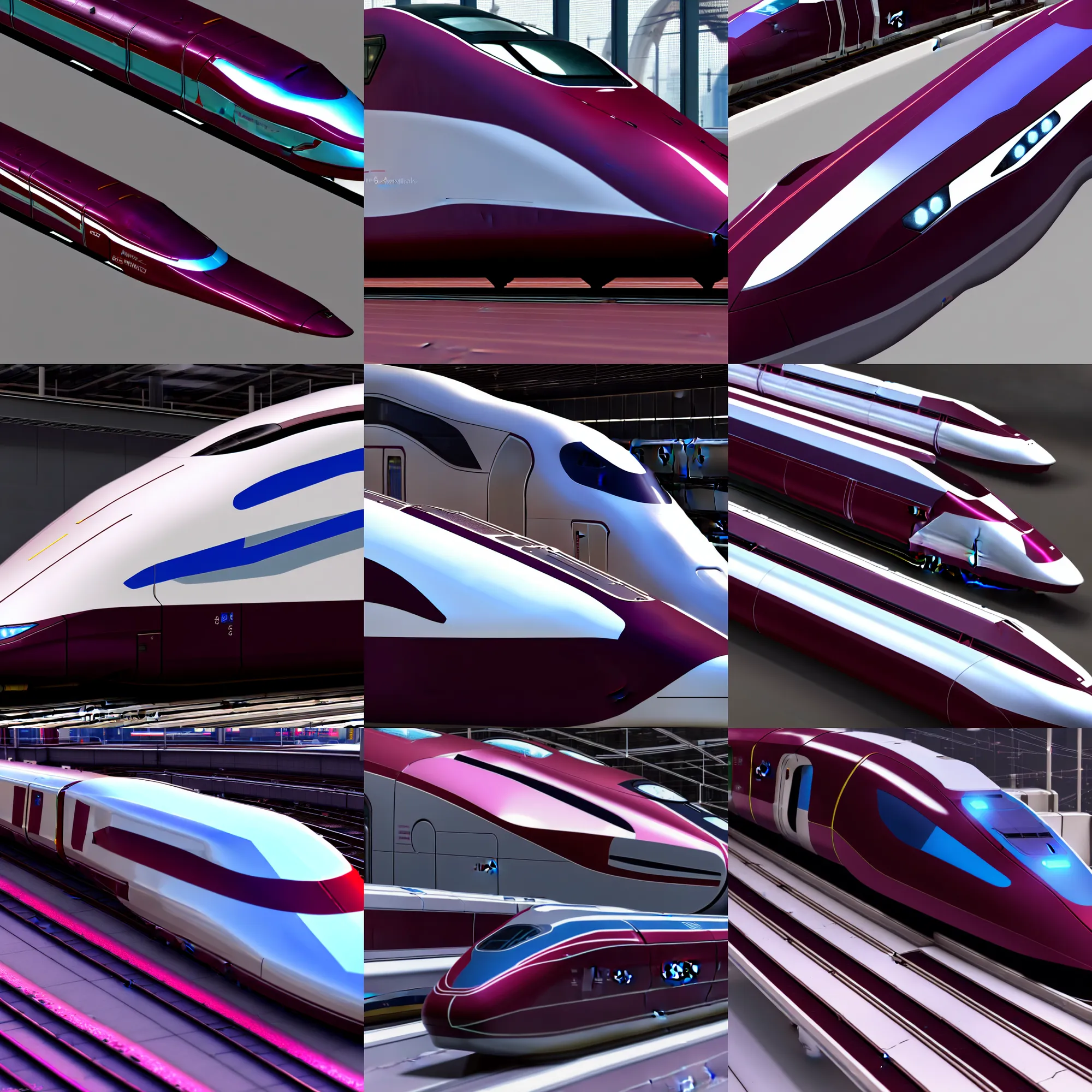 Prompt: modern concept art for a maglev train, soft lighting, 3d render, 8k, openttd, maroon accents, metallic reflections, star citizen origin 100i, supersonic rail, single central focus, close up, cyberpunk 2077