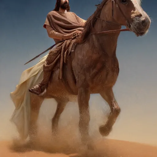 Prompt: jesus christ, riding a horse in the desert, by alyssa monks, by greg rutkowski, cinematic, canon